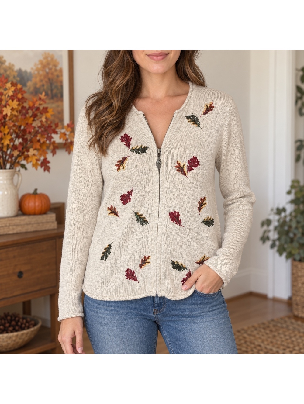 Vintage Embroidered Fall Leaf Cardigan Croft & Barrow Size Small Cream Zip Front